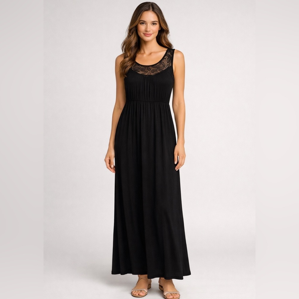 Ella Moss Dress Black Sleeveless Lace Yoke Maxi Dress XS LBD